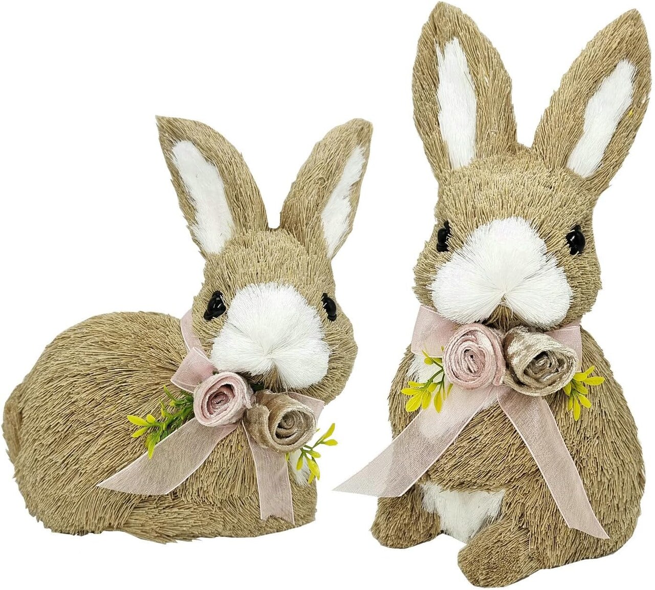 10" Sisal Easter Bunny Decor – Set of 2 with Floral Bows